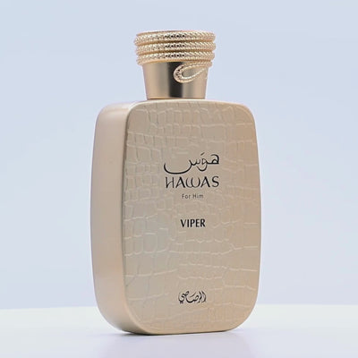 Hawas Viper perfume bottle rotating on a white podium