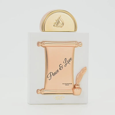 Lattafa Peace & Love perfume bottle rotating on a white podium
