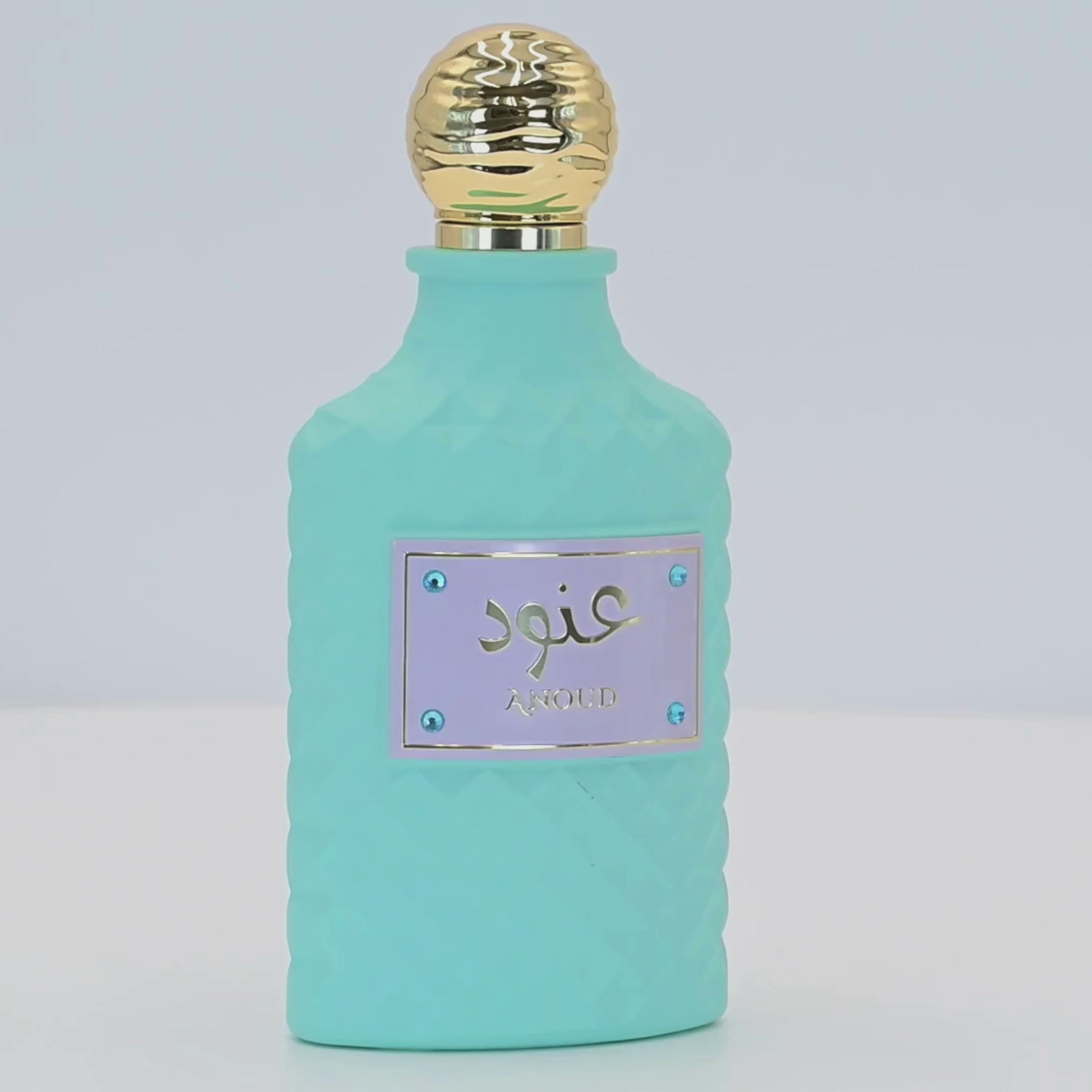 Anoud perfume bottle rotating on a white podium
