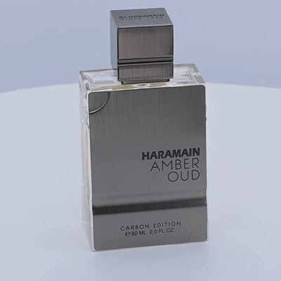 Haramain Amber Oud perfume bottle rotating on a white background