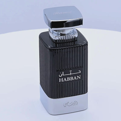 Habban perfume bottle rotating on a white podium