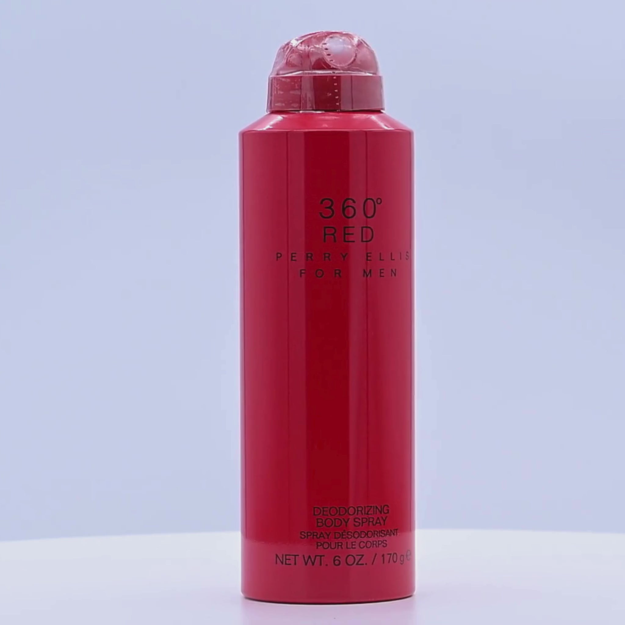Red deodorant spray bottle with '360 Red by Ellis' branding rotating on a white podium