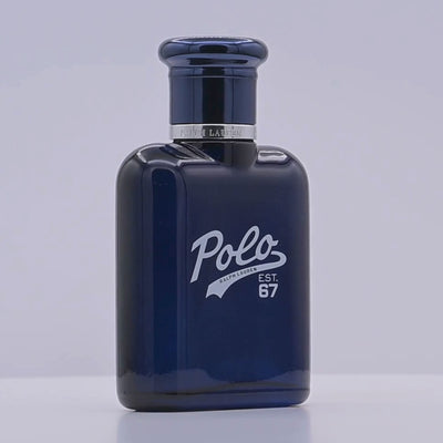 Blue Polo Ralph Lauren perfume bottle rotating on a white podium
