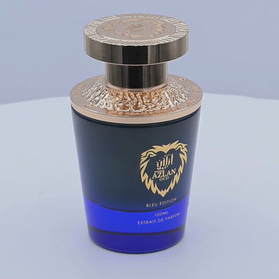 Al Haramain Azlan Oud perfume bottle rotating on a white podium