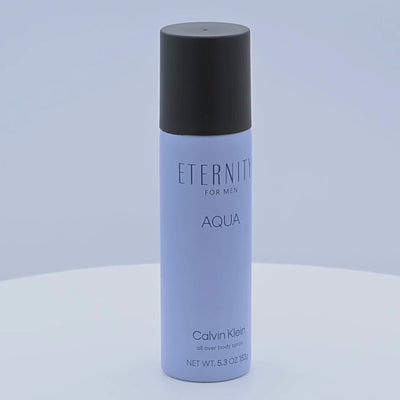 Calvin Klein Eternity Aqua for Men body spray bottle rotating on a white podium