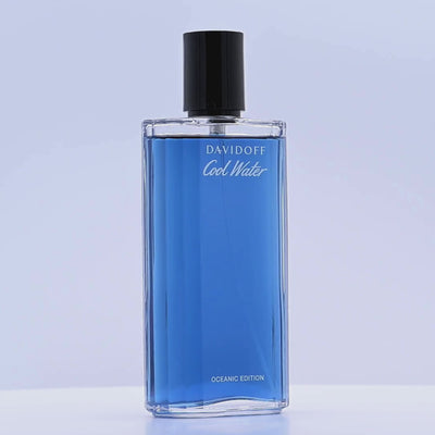 Davidoff Cool Water perfume bottle rotating on a white podium