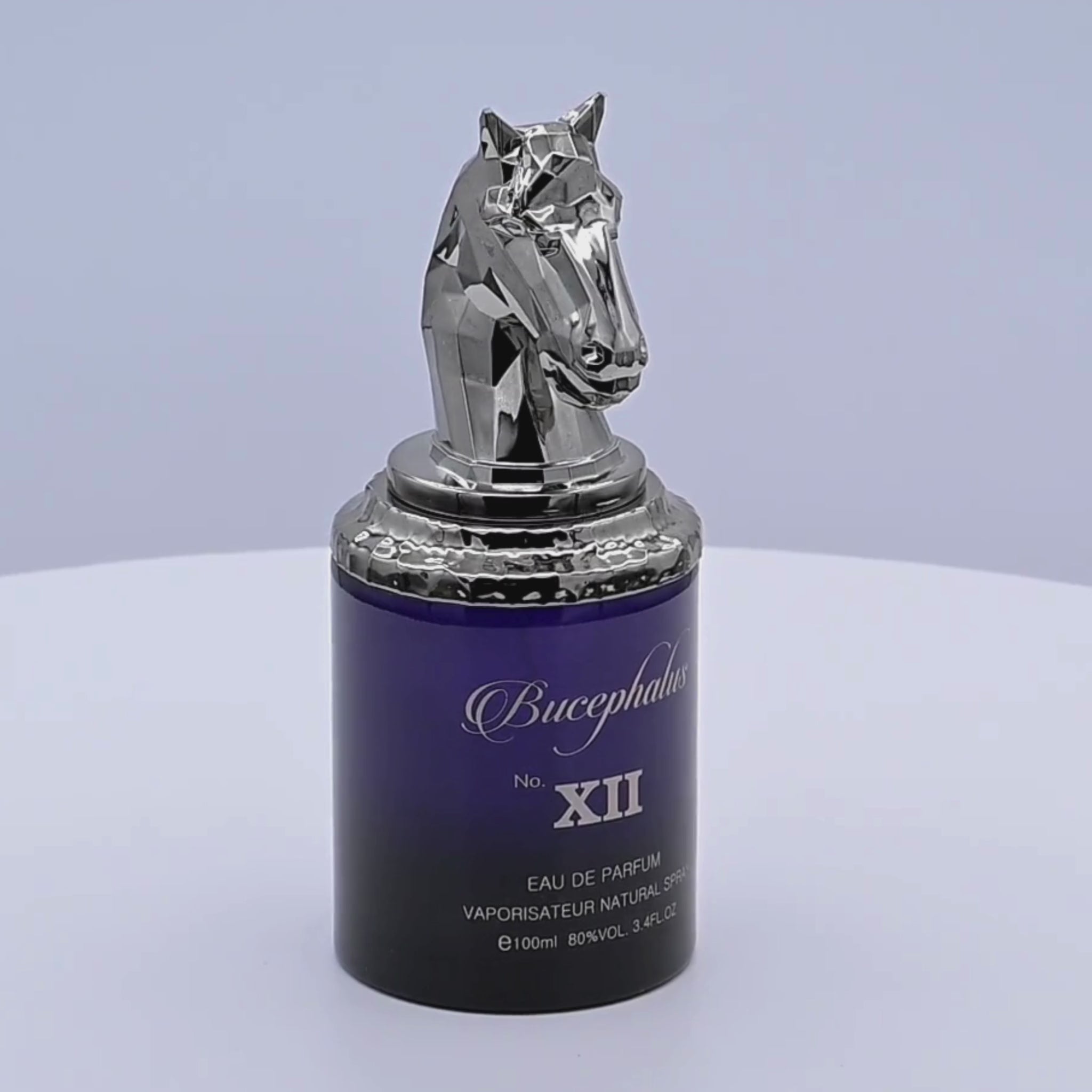Bucephalus XII Eau de Parfum bottle rotating on a white podium