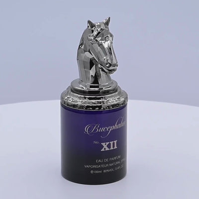 Bucephalus XII Eau de Parfum bottle rotating on a white podium