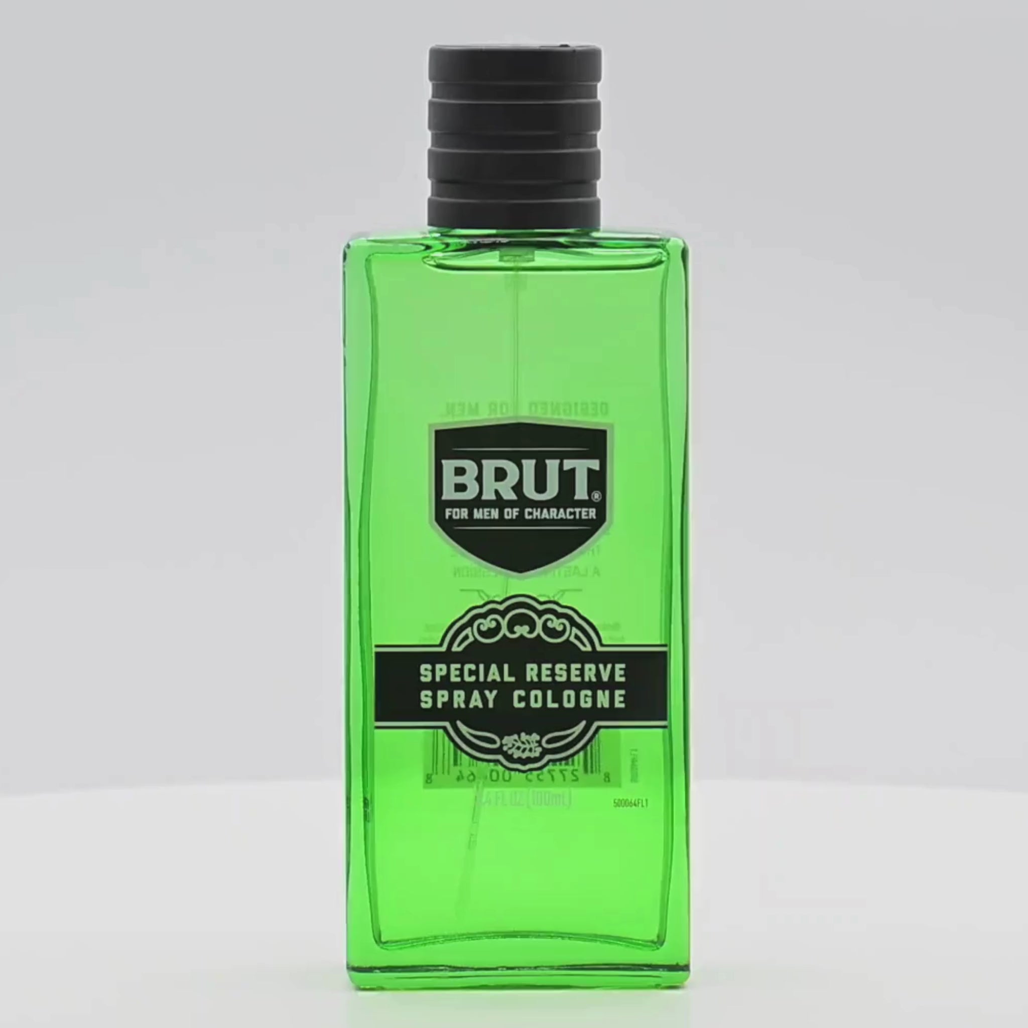 Brut Special Reserve perfume bottle rotating on a white podium
